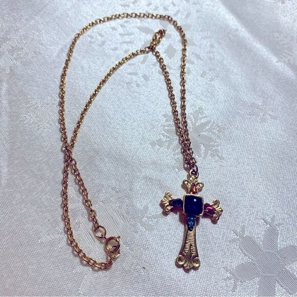 Cross Necklace w/ Glass Rhinestones on Gold Tone Chain 24” Gorgeous - Picture 1 of 4